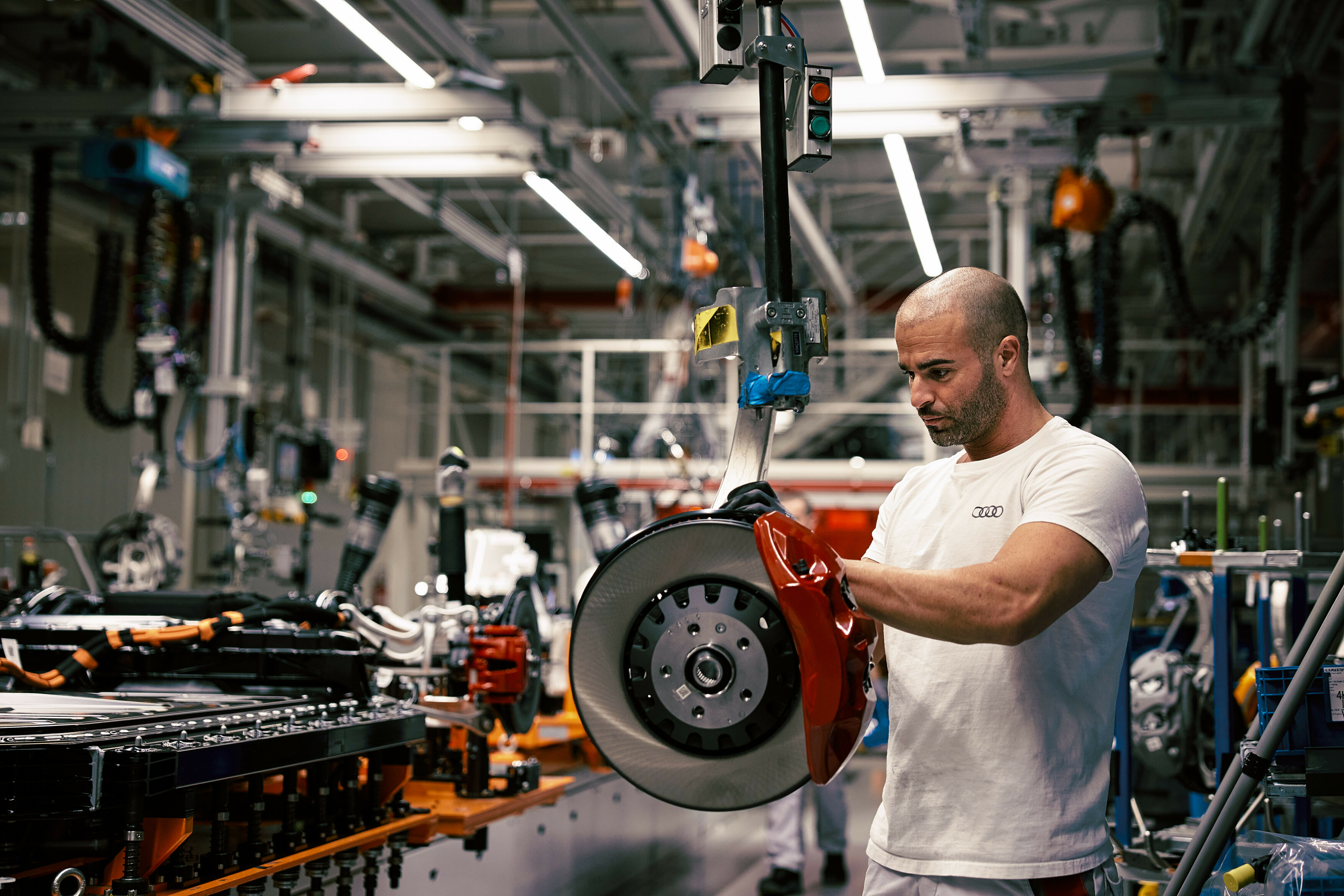 The wheel brake of a Audi Q8 e-tron during assembly in Brussels